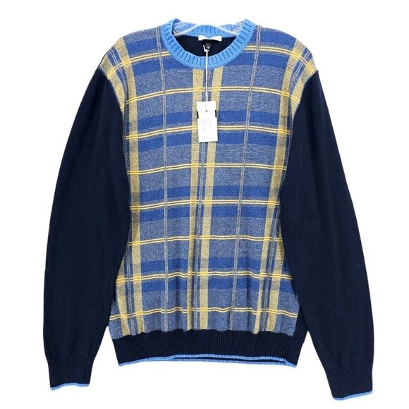 CODICE Sweater Wool Cashmere Blend Italian Yarn Blue Yellow Plaid Front EU 50 Crewneck